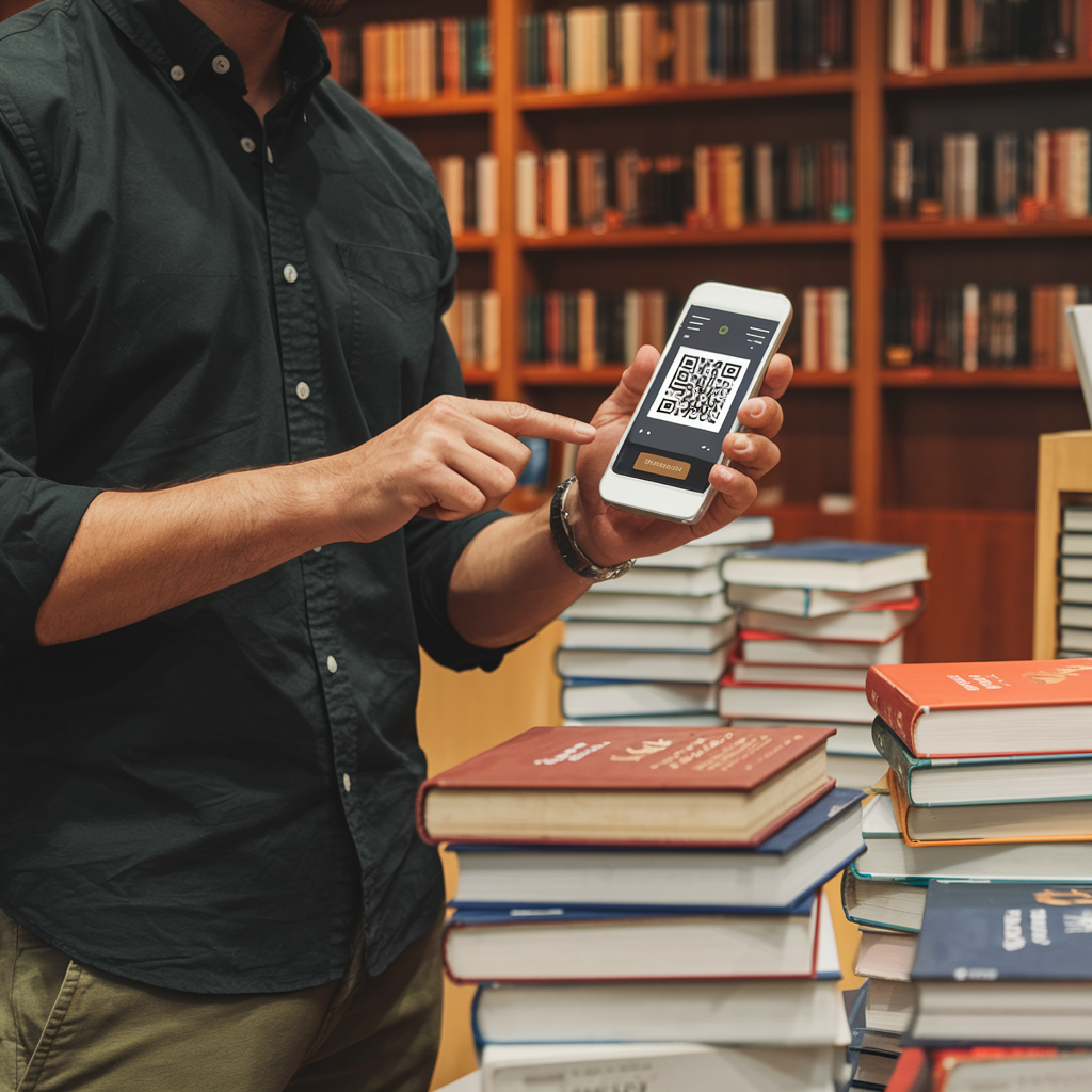 Person scanning QR code in library